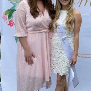 Women's Pink Polka Dot Mid sleeve V Neck Below dress with Belt